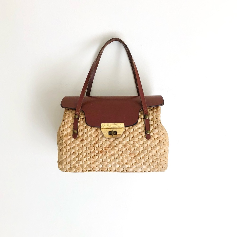 Vintage straw & leather mini tote